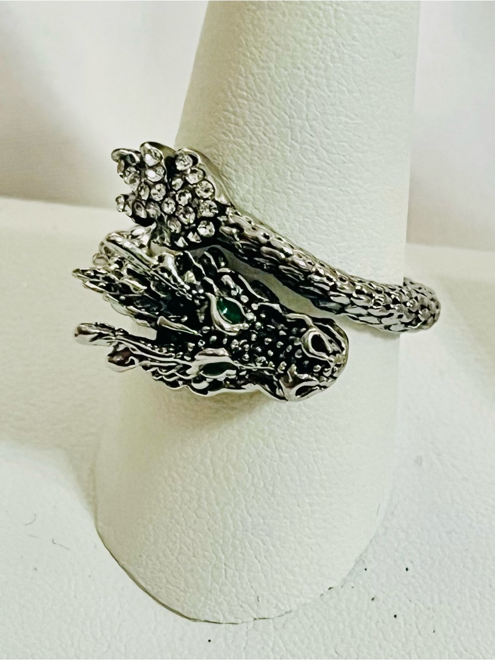 Sterling Silver Dragon Wrap Ring with Emerald Eye